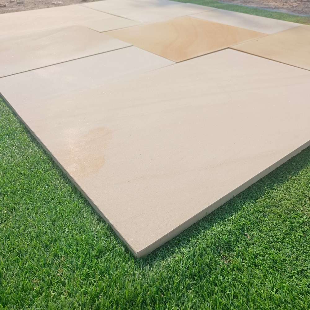 Fossil Mint Smooth Sandstone Mixed Patio Sawn Edged Paving Slabs - Image 5