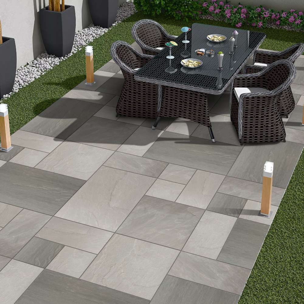 Kandla Grey Riven Sandstone Mixed Patio Paving Slabs 18mm - Image 4