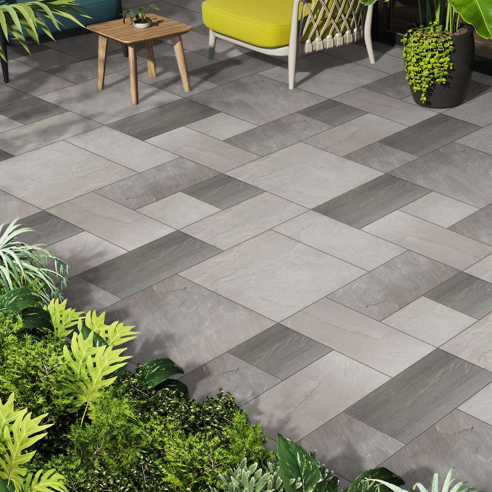 Kandla Grey Riven Sandstone Mixed Patio Sawn Edged Paving Slabs - Image 4