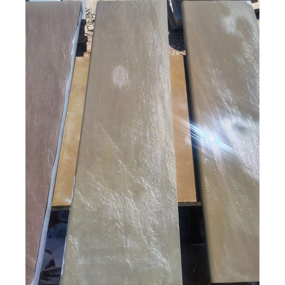 Raj Green Riven Sandstone 1200x350x50 Sawn Edged One Long Side Bullnose Steps - Image 5