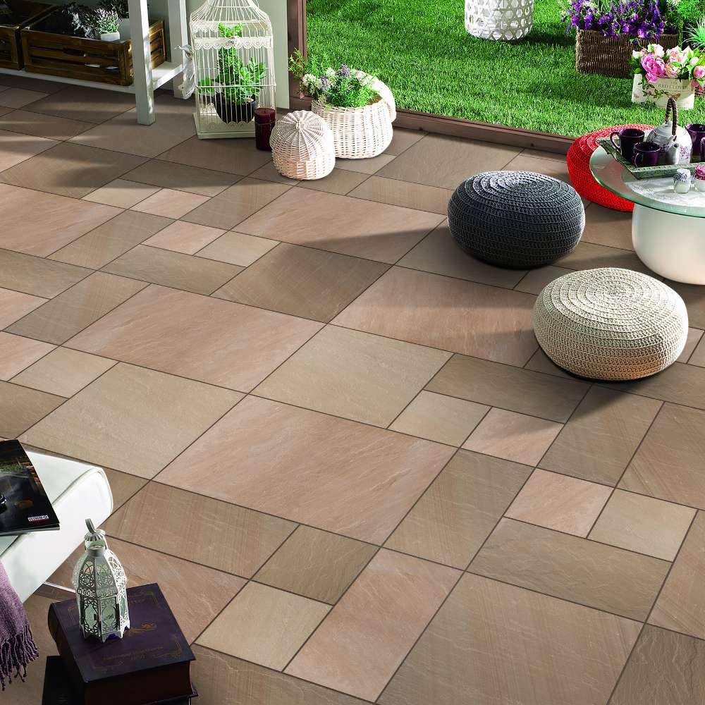 Rippon Buff Riven Sandstone Mixed Patio Paving Slabs - Image 3