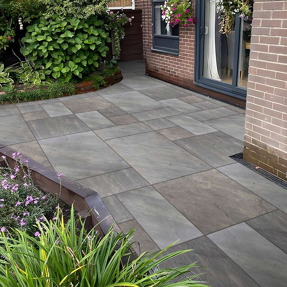 Sagar Black Riven Sandstone Mixed Patio Paving Slabs - Image 3