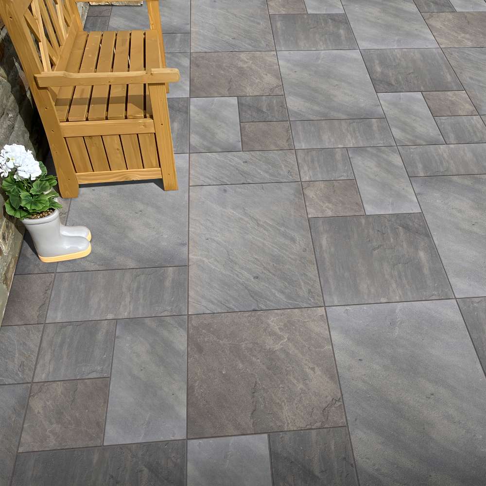 Sagar Black Riven Sandstone Mixed Patio Paving Slabs - Image 4